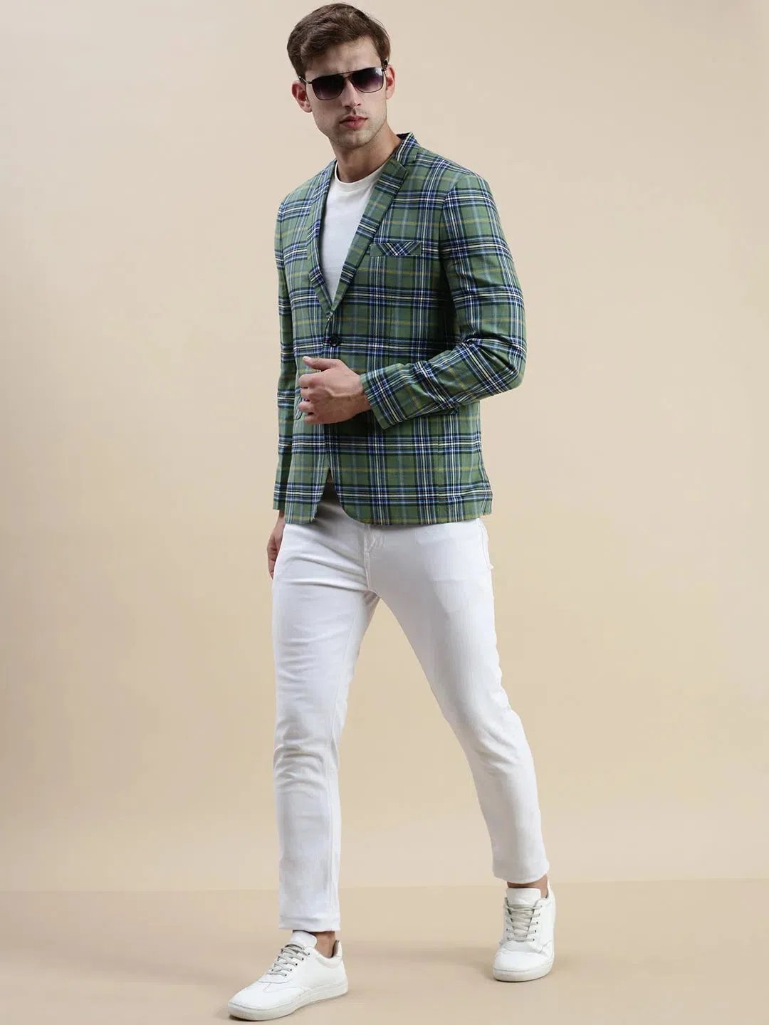 Men Green Checked Notched Lapel Blazer-SOBLZ-022-1-Green