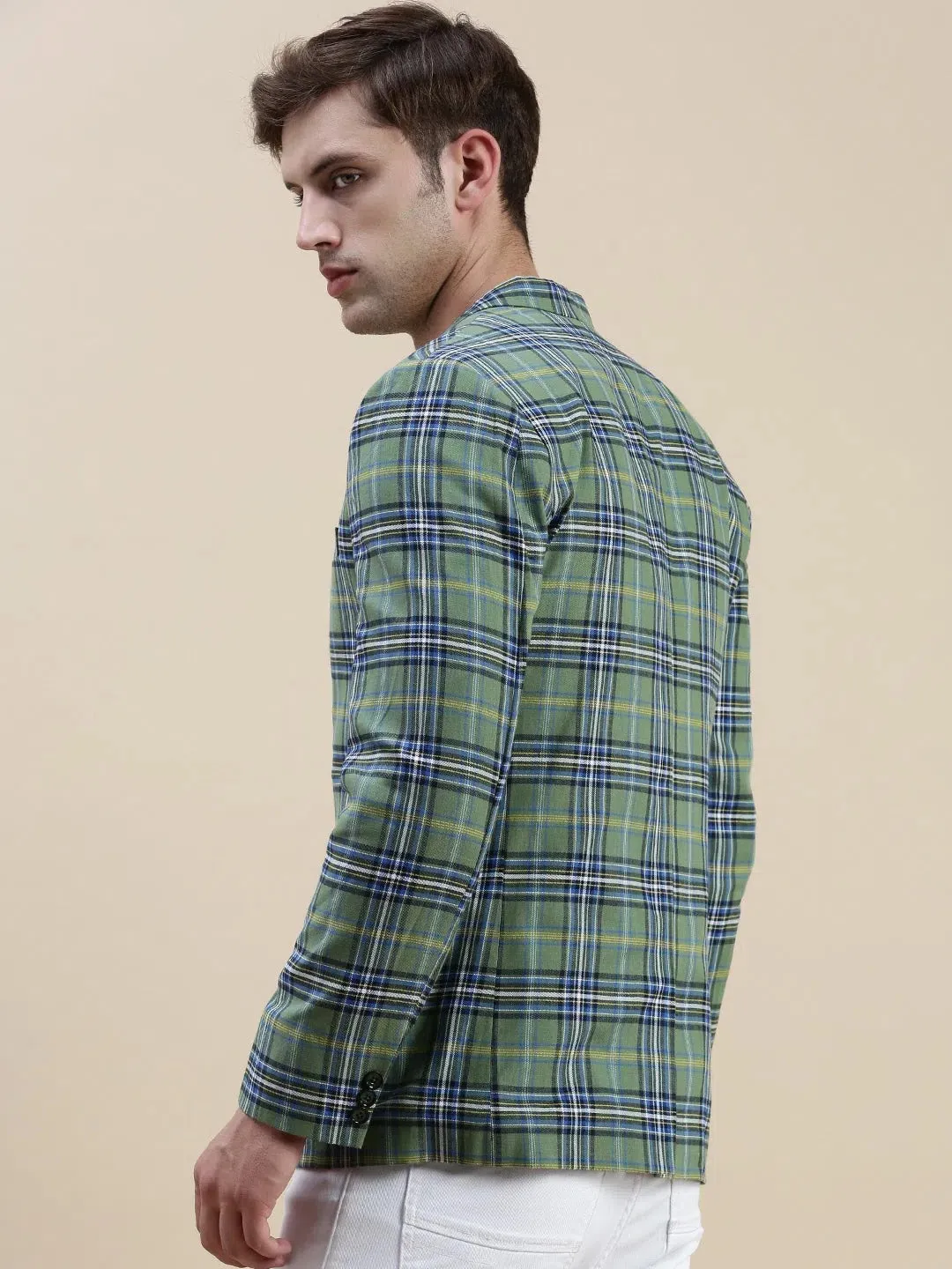 Men Green Checked Notched Lapel Blazer-SOBLZ-022-1-Green