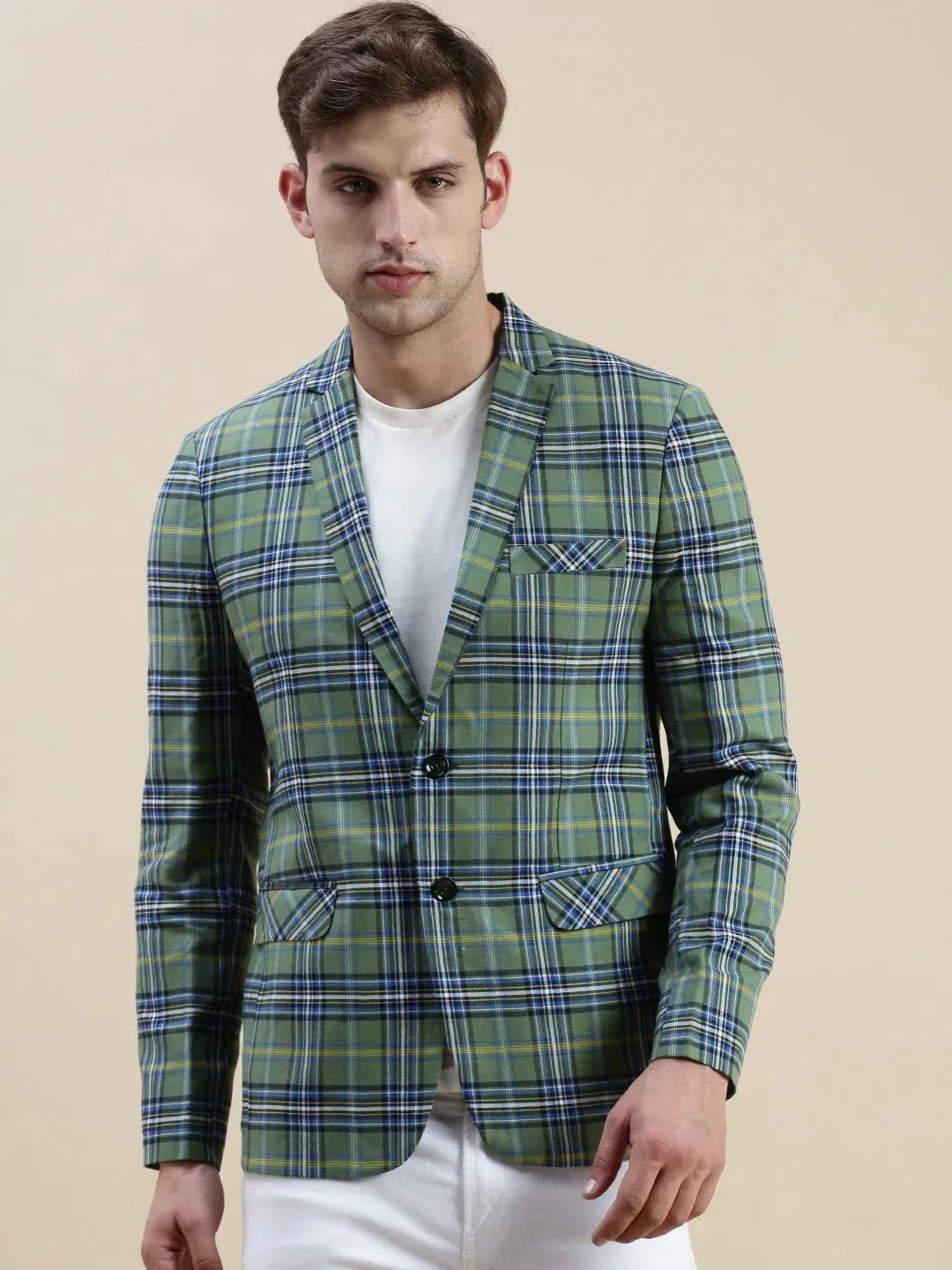 Men Green Checked Notched Lapel Blazer-SOBLZ-022-1-Green