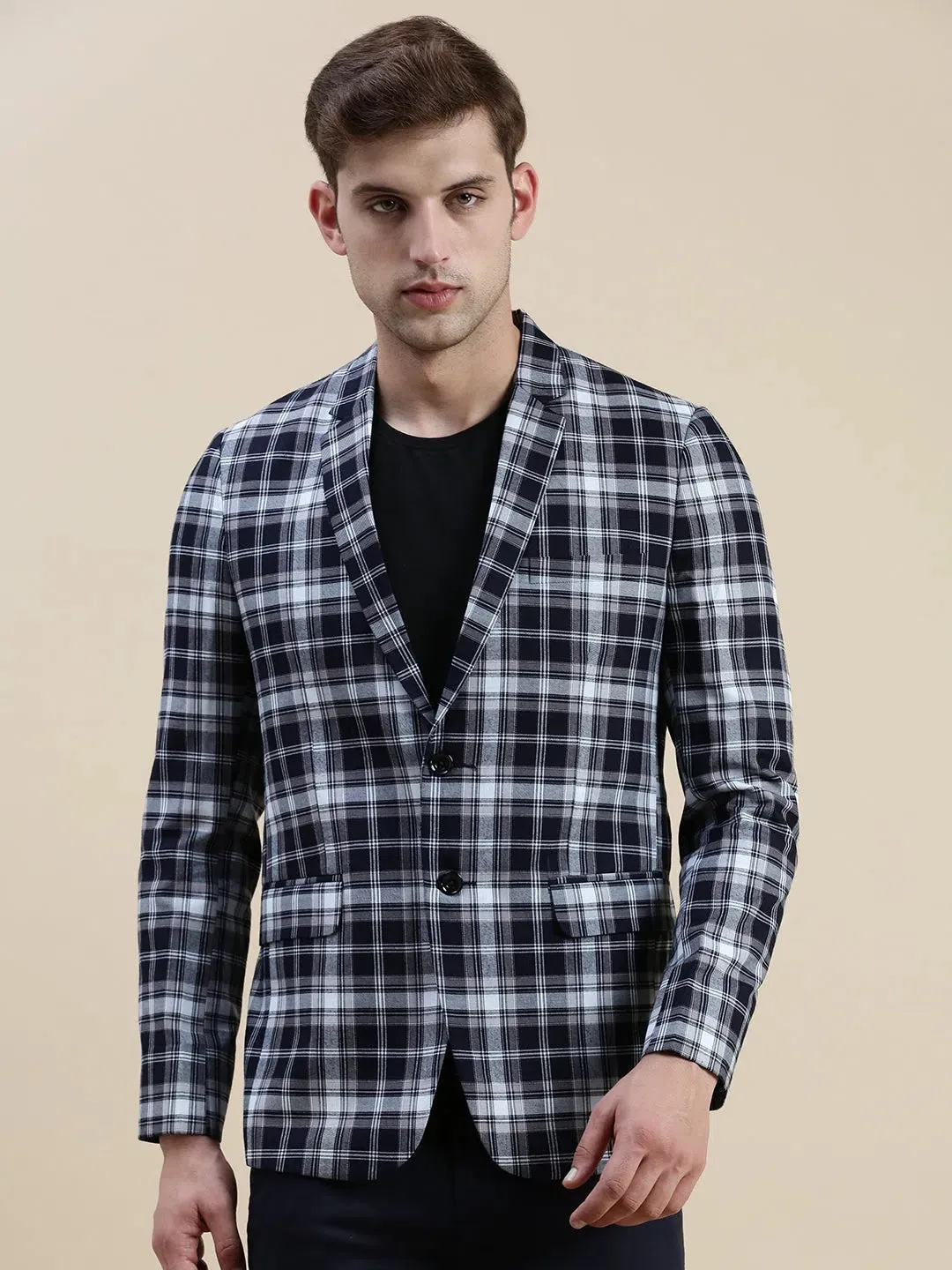 Men Navy Checked Casual Blazer-SOBLZ-31-8-Navyblue
