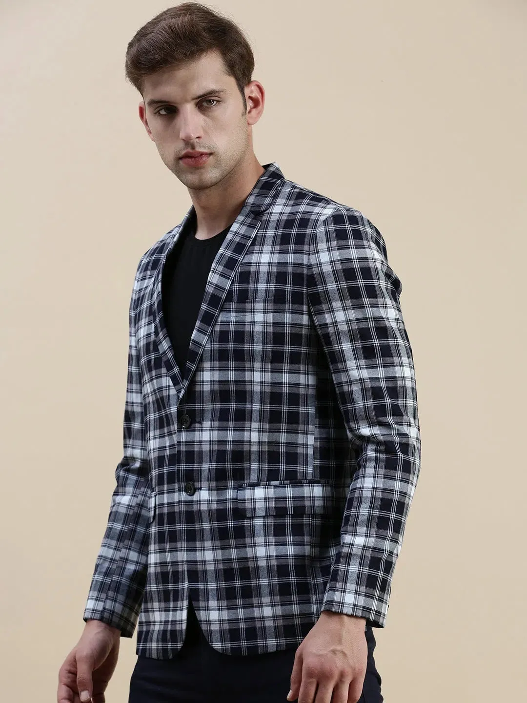 Men Navy Checked Casual Blazer-SOBLZ-31-8-Navyblue
