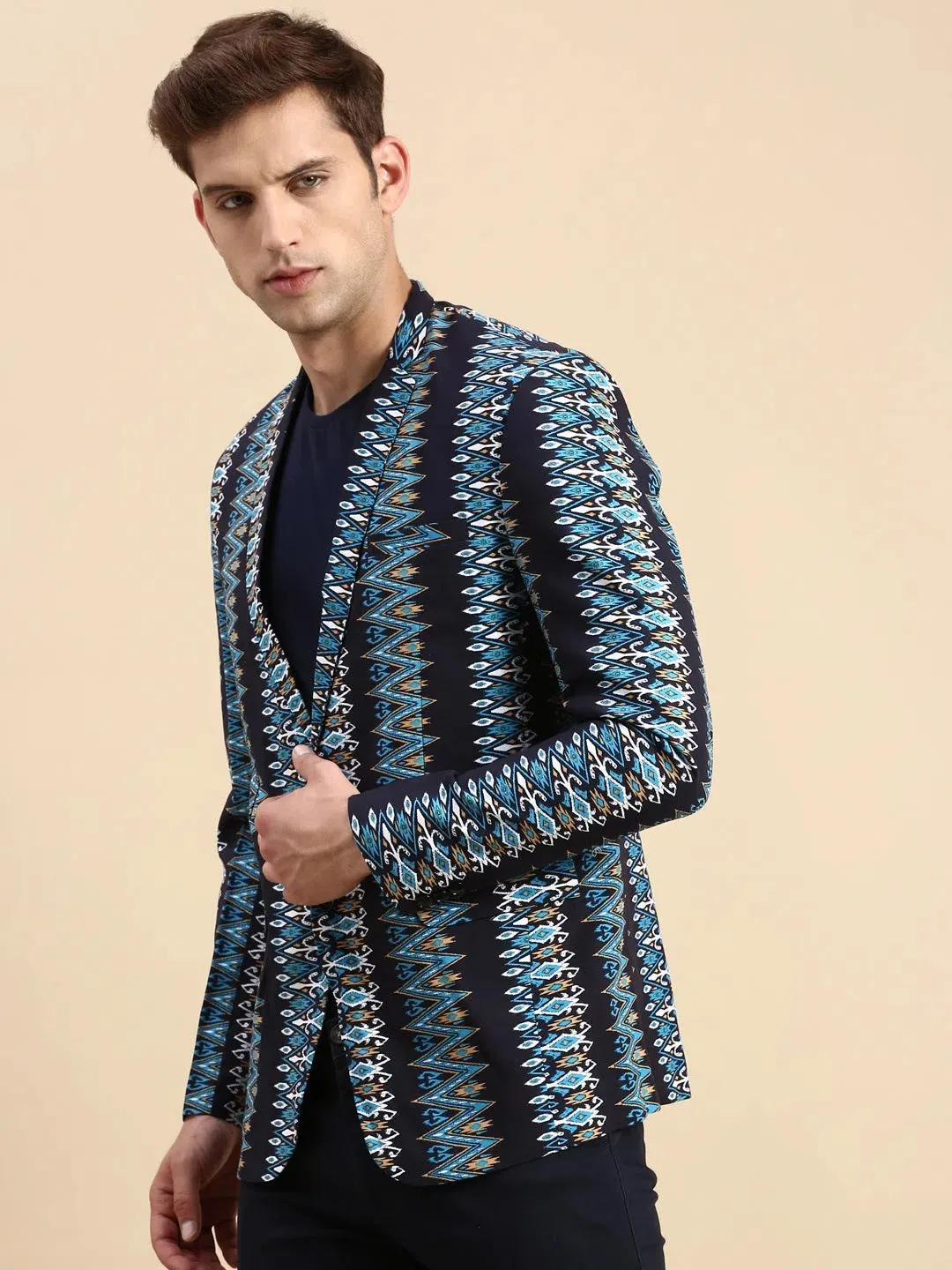 Men Navy Printed Casual Blazer-SOBLZ-78-5-Navyblue