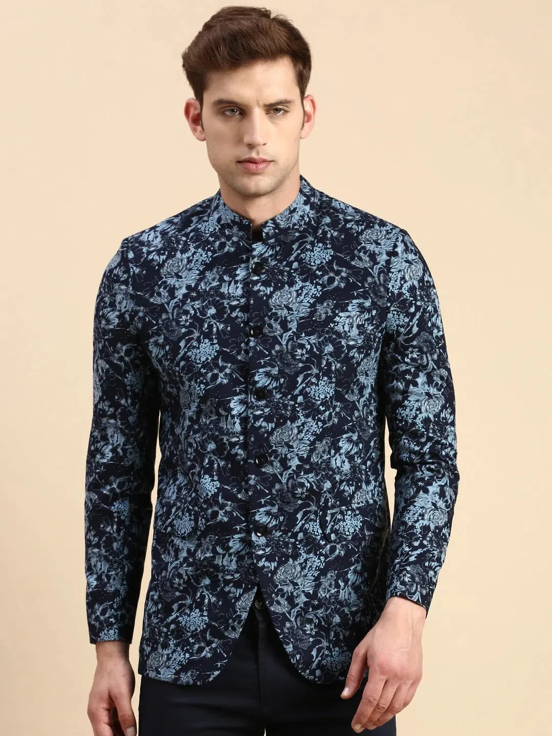 Men Navy Printed Party Blazer-SOBLZ-79-14-Navyblue