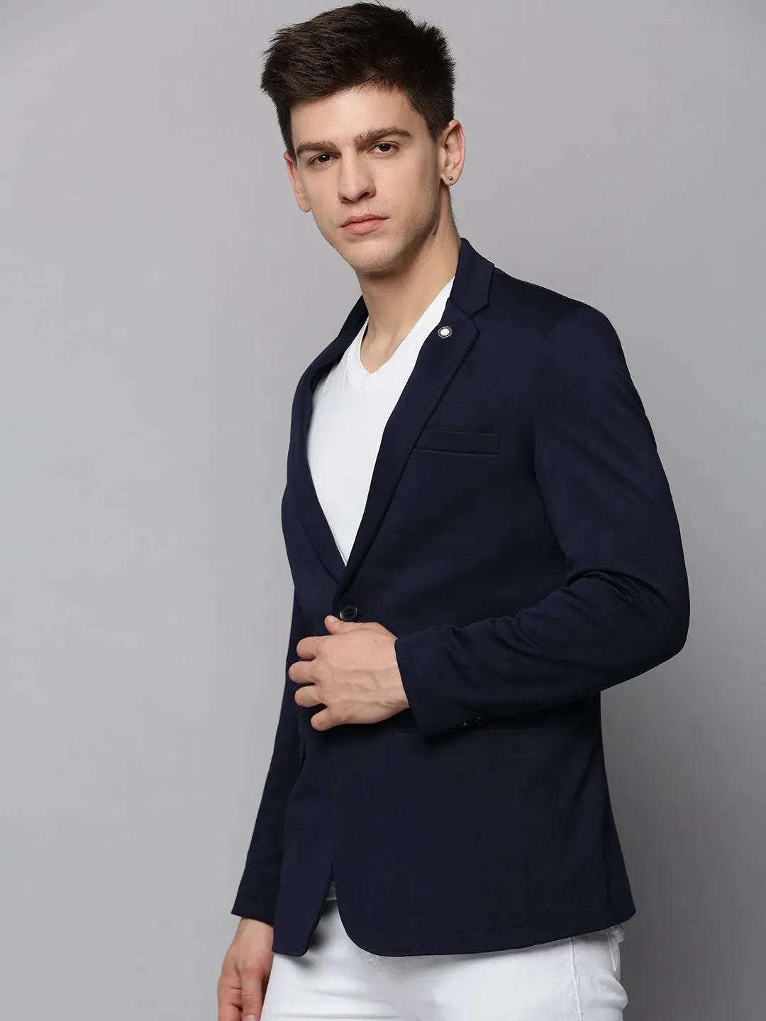 Men Navy Solid Blazer-EXES-3003-Navyblue