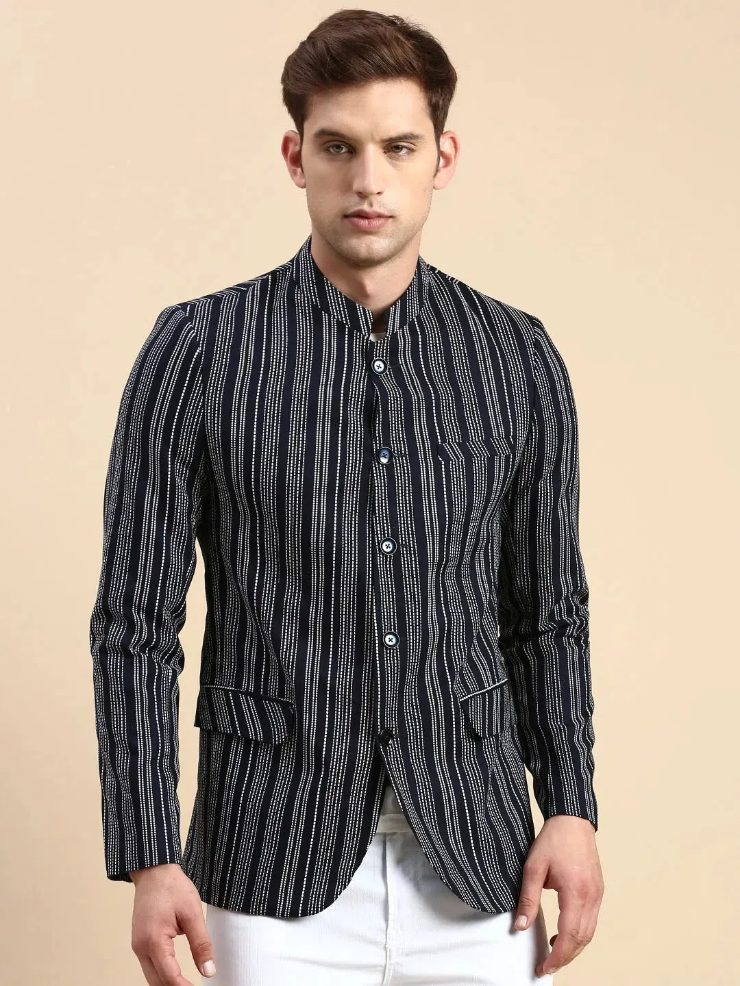 Men Navy Striped Party Blazer-SOBLZ-79-8-Navyblue