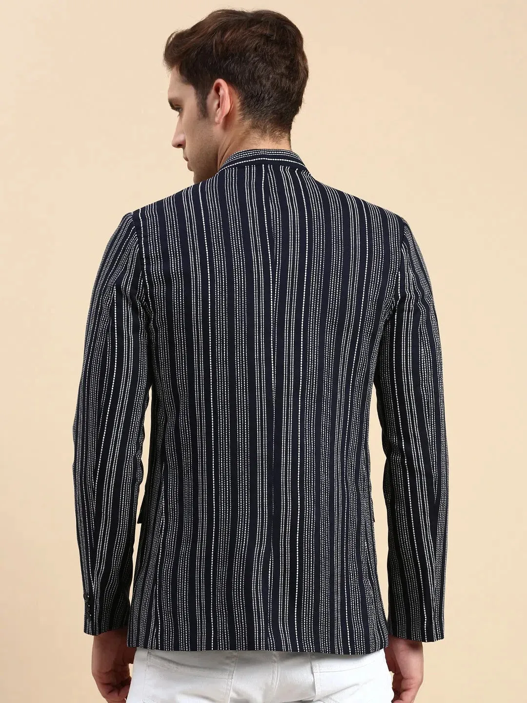 Men Navy Striped Party Blazer-SOBLZ-79-8-Navyblue