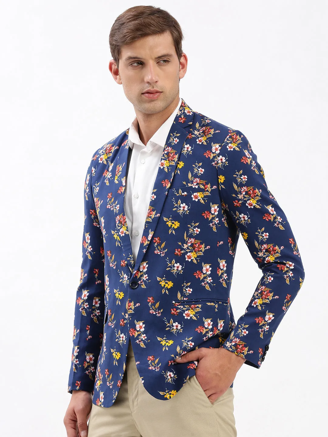 Men Notched Lapel Printed Navy Blue Blazer-SOBLZ-005-Navyblue