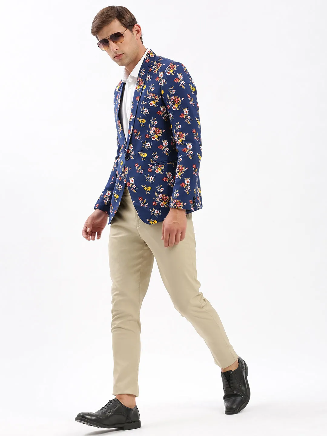Men Notched Lapel Printed Navy Blue Blazer-SOBLZ-005-Navyblue