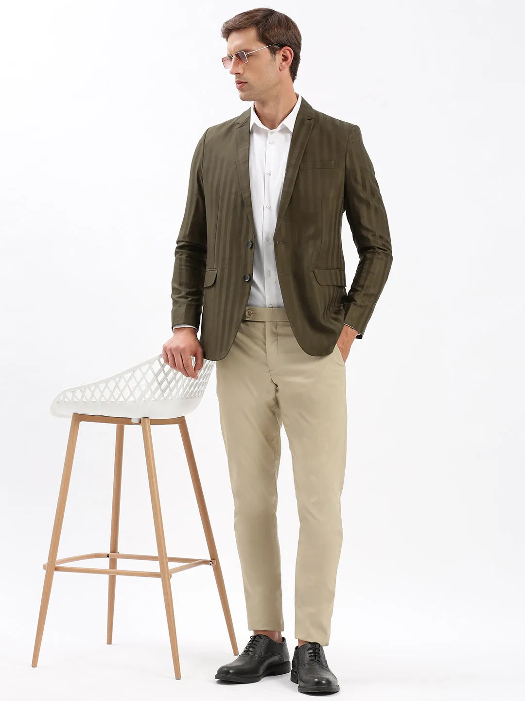 Men Notched Lapel Self Design Olive Blazer-SOBLZ-004-Olive