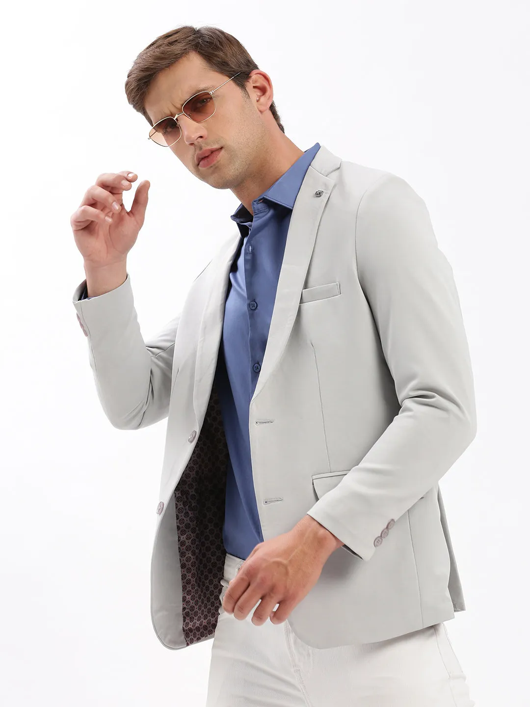 Men Notched Lapel Solid Grey Blazer-EX-3011-Grey
