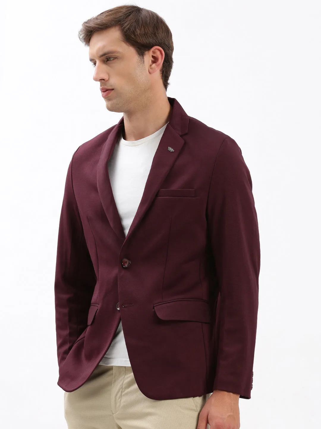 Men Notched Lapel Solid Maroon Blazer-EX-3012-Maroon