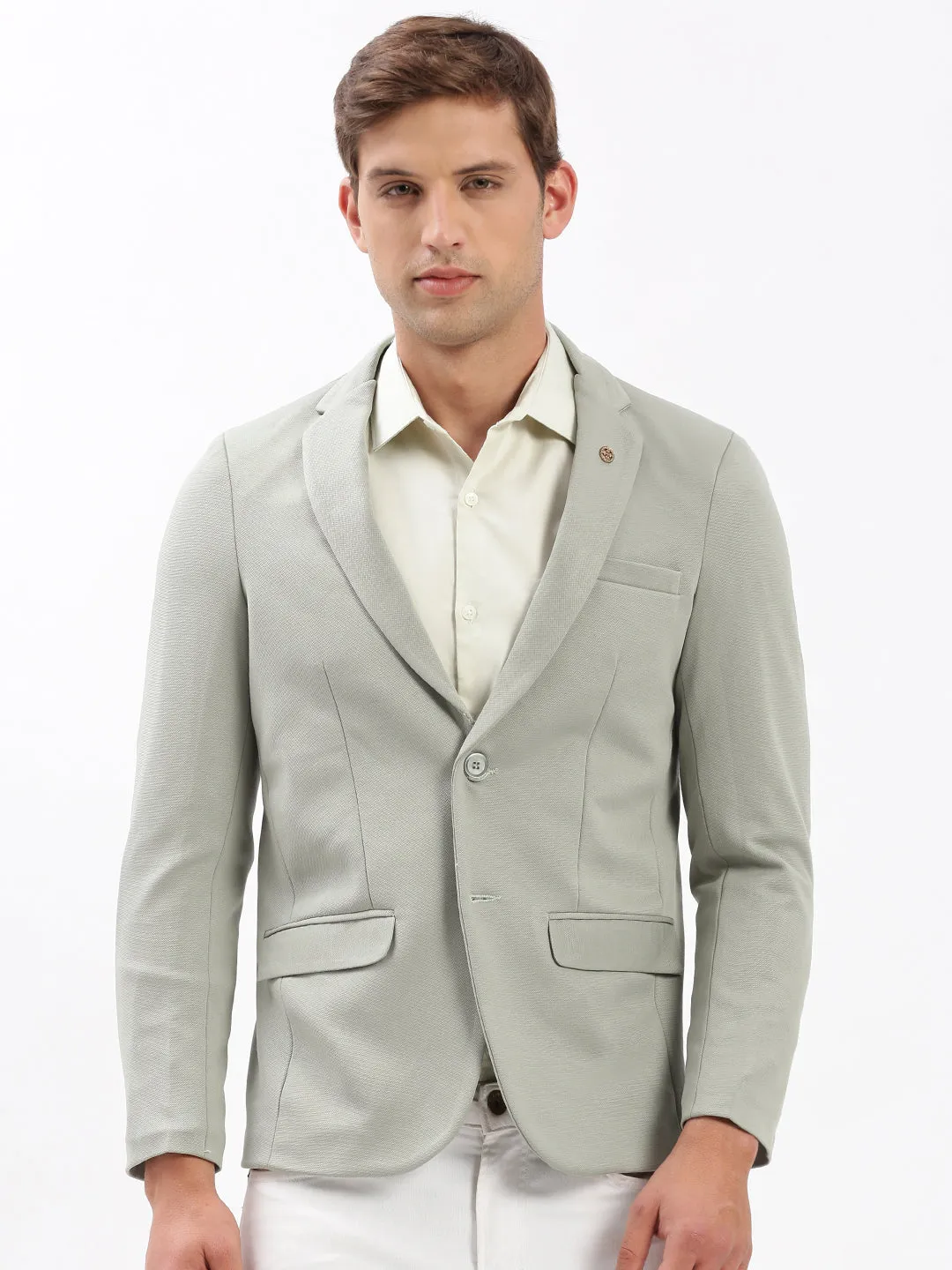 Men Notched Lapel Solid Olive Blazer-EX-3003A-Seagreen