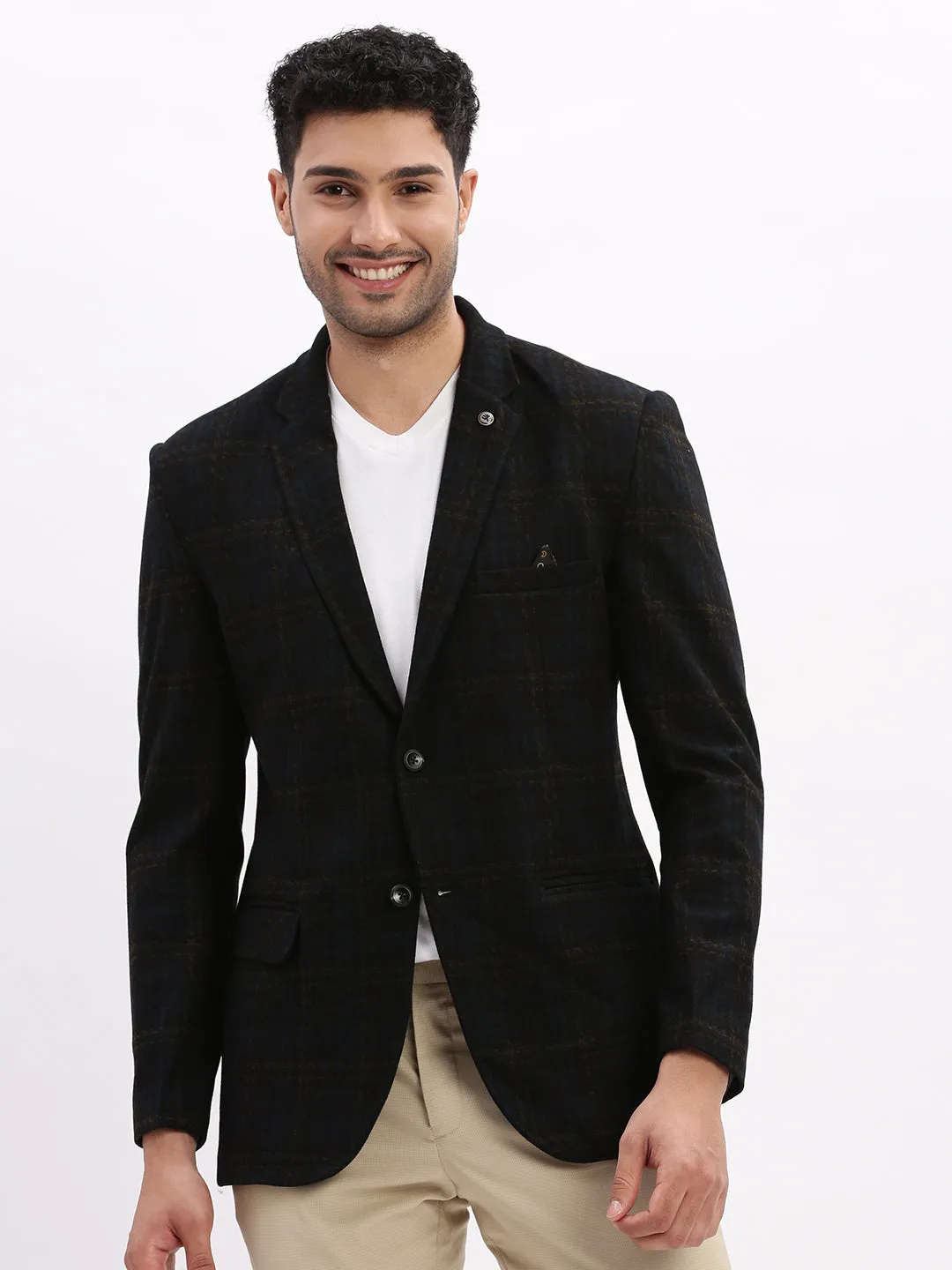 Men Printed Navy Blue Single Breasted Blazer-LBR-2404-Navyblue
