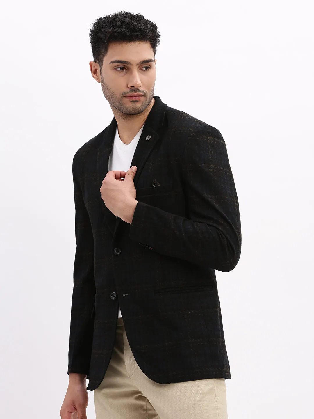 Men Printed Navy Blue Single Breasted Blazer-LBR-2404-Navyblue