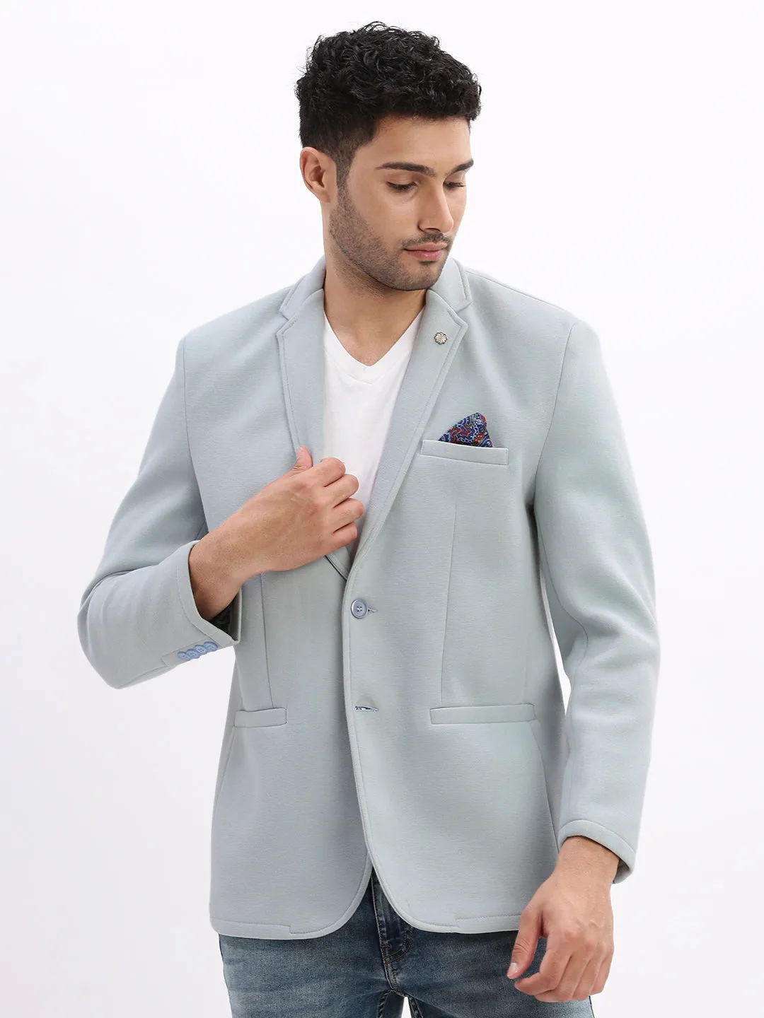 Men Solid Blue Single Breasted Blazer-EX-Metty-Blue