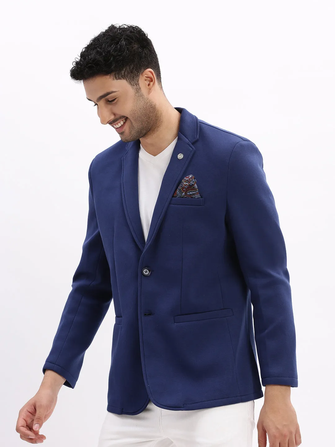 Men Solid Blue Single Breasted Blazer-EX-MettyA-Blue