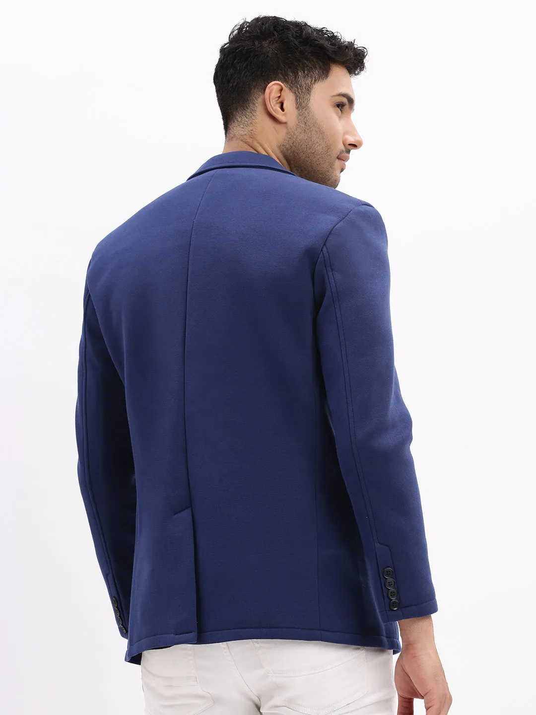 Men Solid Blue Single Breasted Blazer-EX-MettyA-Blue