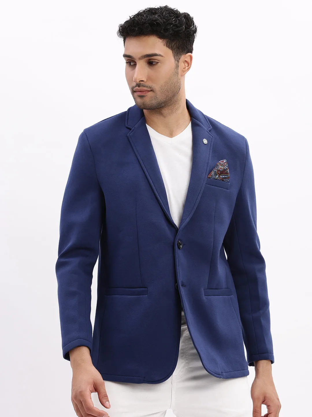 Men Solid Blue Single Breasted Blazer-EX-MettyA-Blue