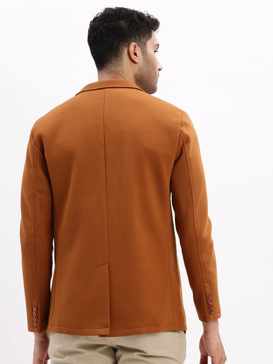 Men Solid Camel Brown Single Breasted Blazer-EX-Metty-Camelbrown