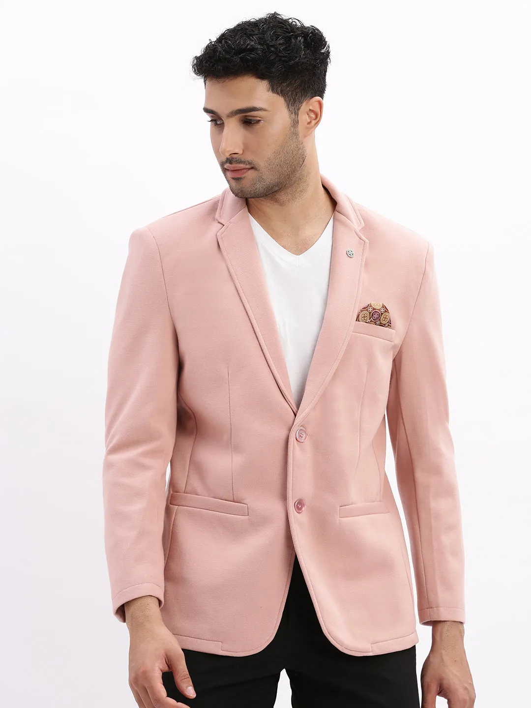 Men Solid Peach Single Breasted Blazer-EX-Metty-Peach