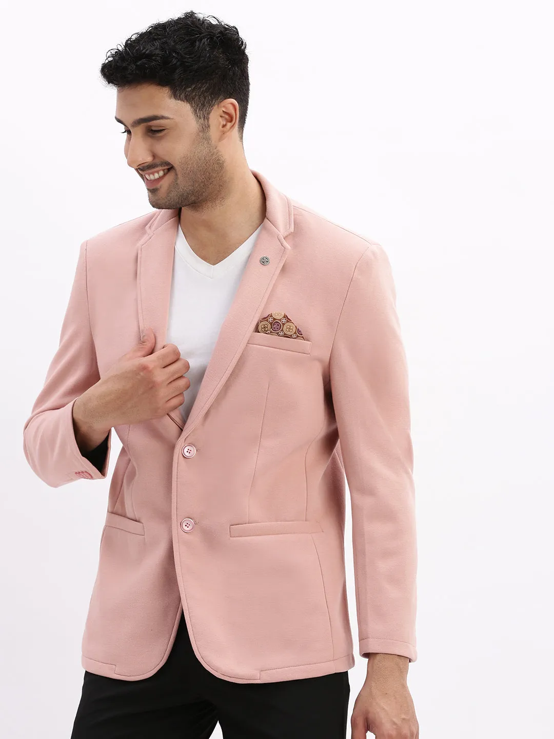Men Solid Peach Single Breasted Blazer-EX-Metty-Peach