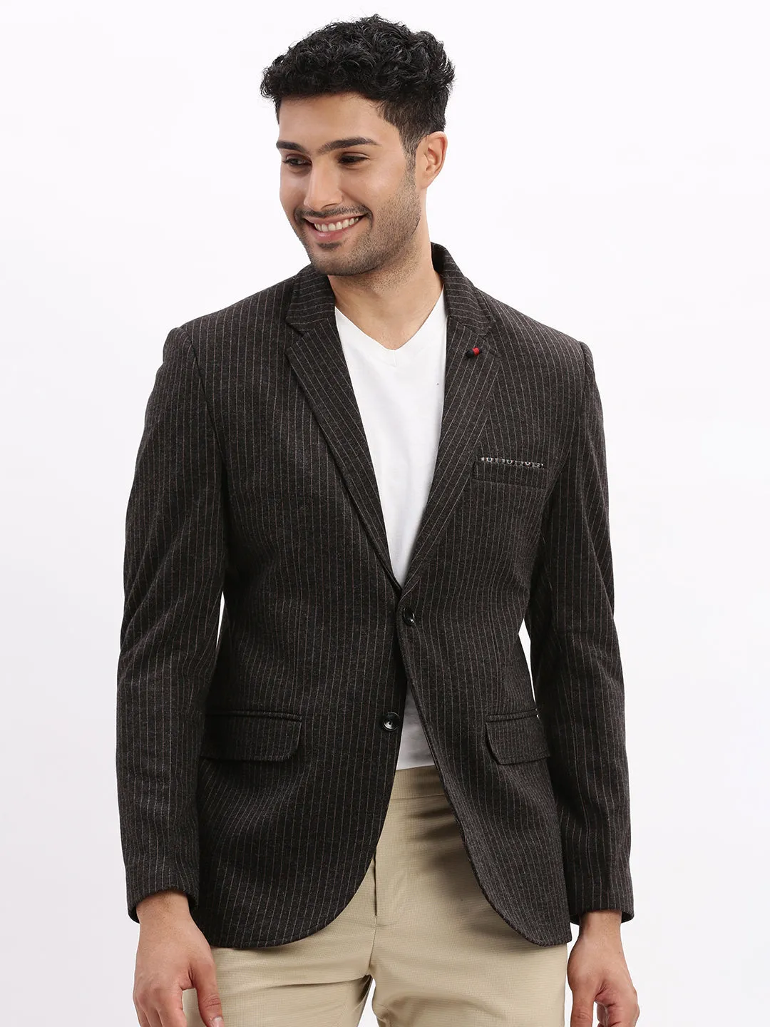 Men Striped Charcoal Single Breasted Blazer-LBR-2055-Charcoal