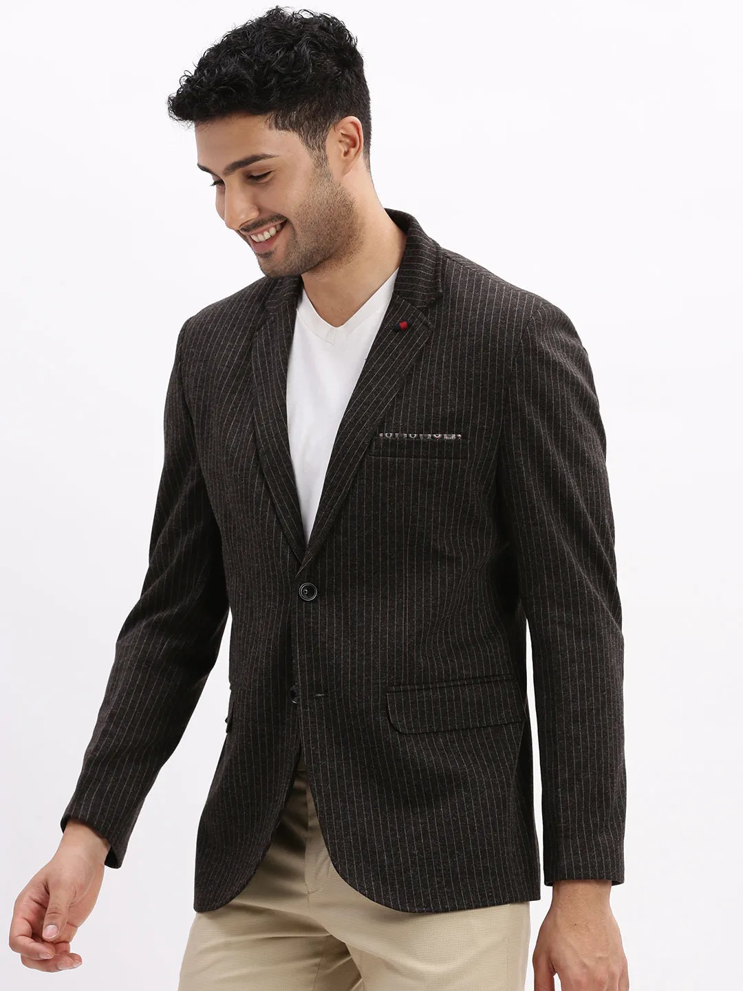 Men Striped Charcoal Single Breasted Blazer-LBR-2055-Charcoal