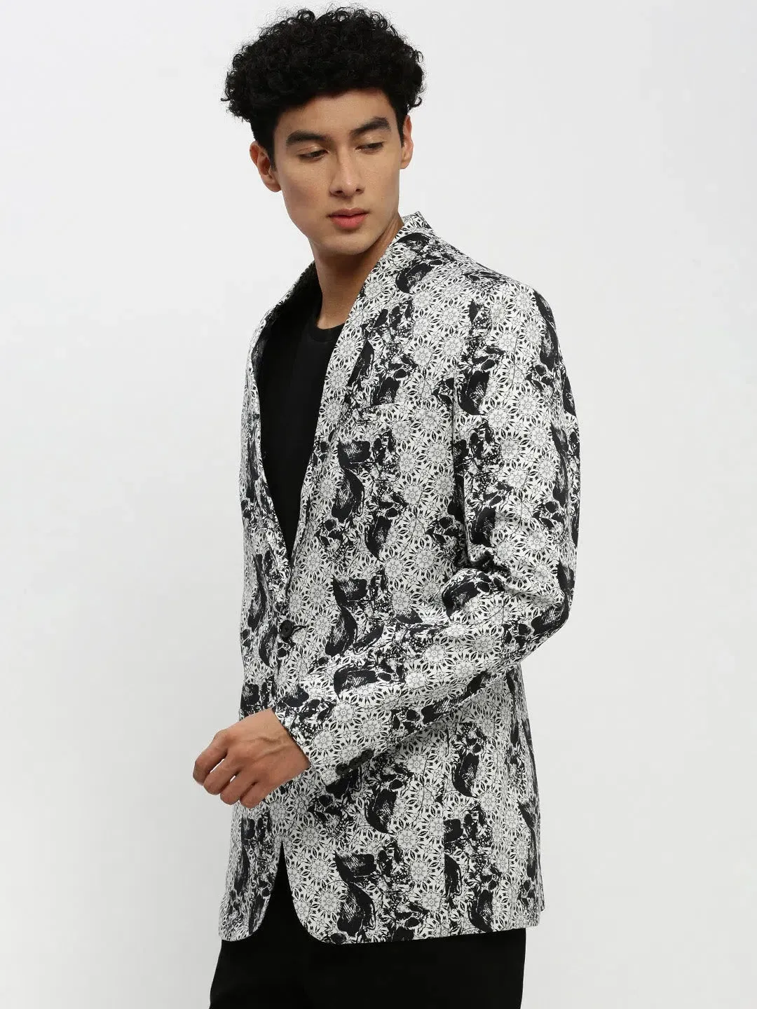 Men White Printed Blazer-SOBLZ-85-01-White