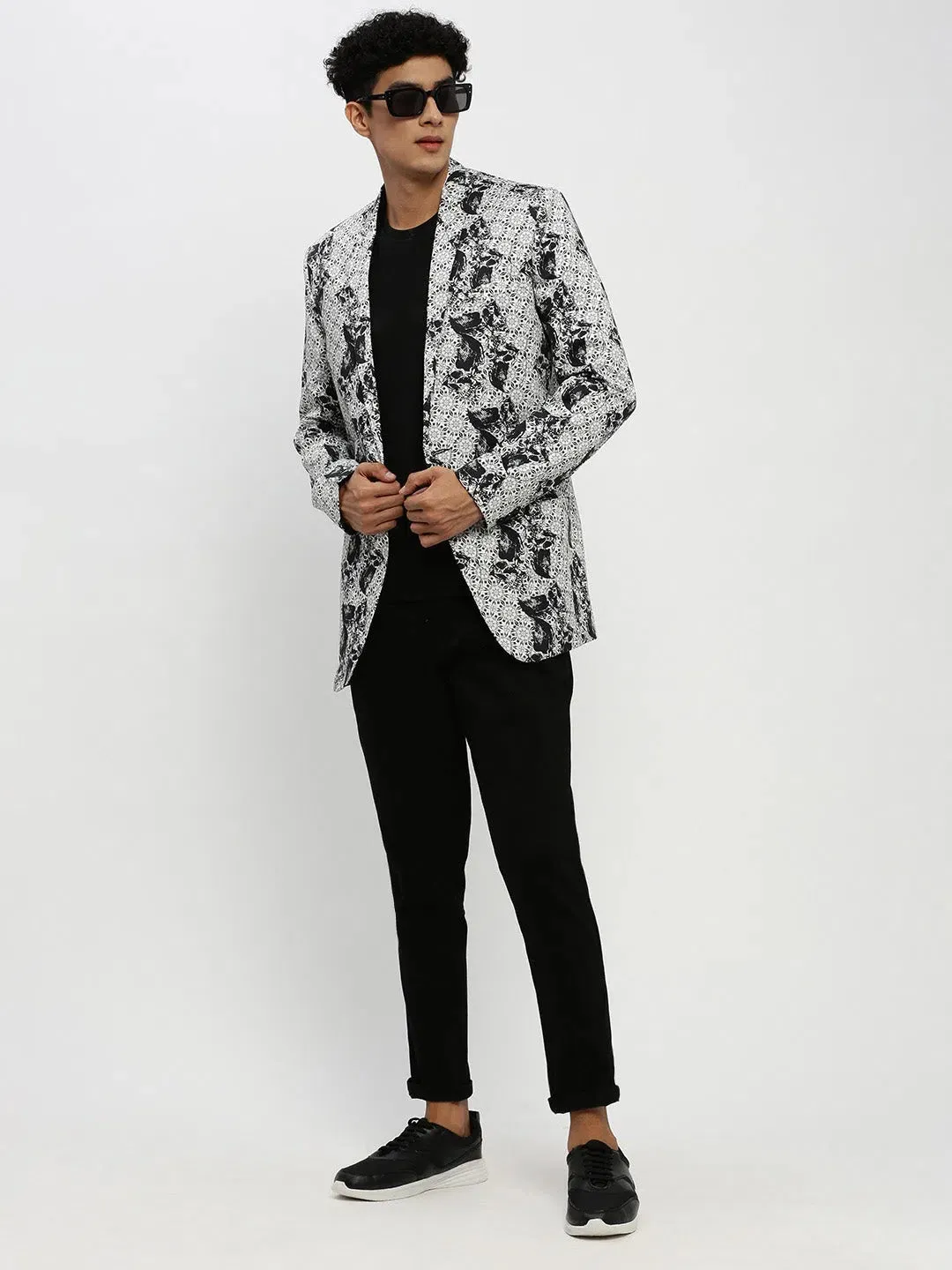 Men White Printed Blazer-SOBLZ-85-01-White