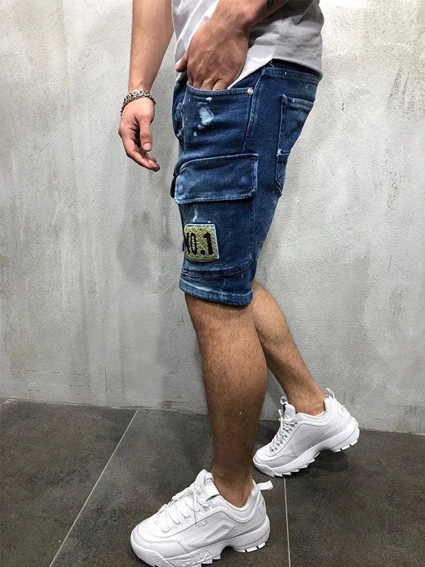 Men's Badge Patch Splash Ripped Denim Shorts