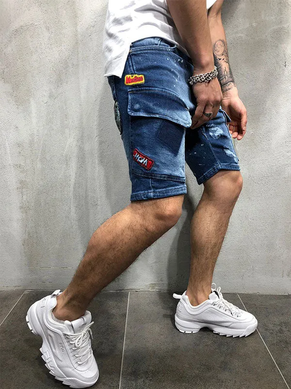 Men's Badge Patch Splash Ripped Denim Shorts