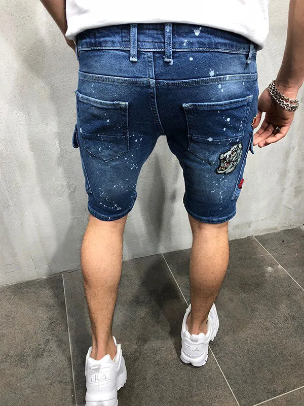 Men's Badge Patch Splash Ripped Denim Shorts