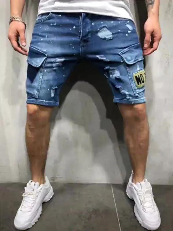 Men's Badge Patch Splash Ripped Denim Shorts
