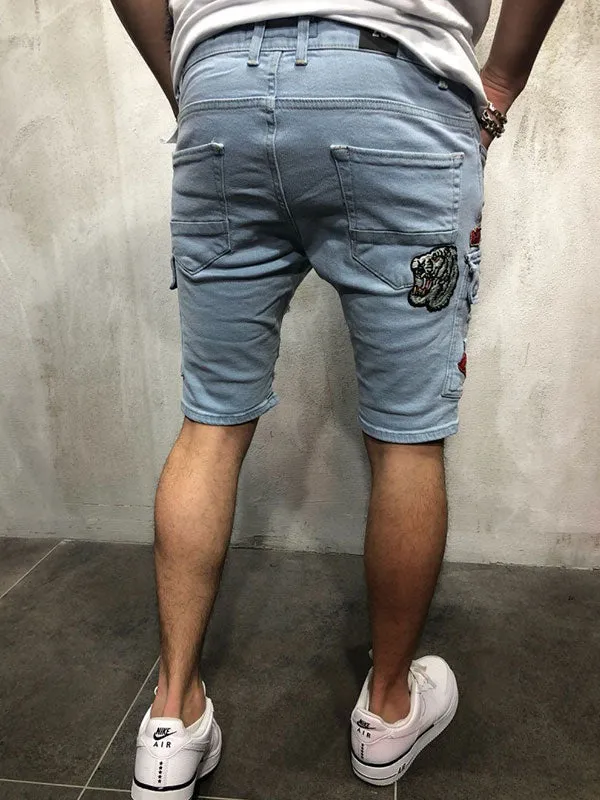 Men's Badge Patch Splash Ripped Denim Shorts