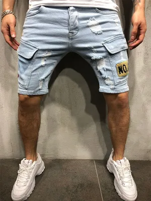 Men's Badge Patch Splash Ripped Denim Shorts