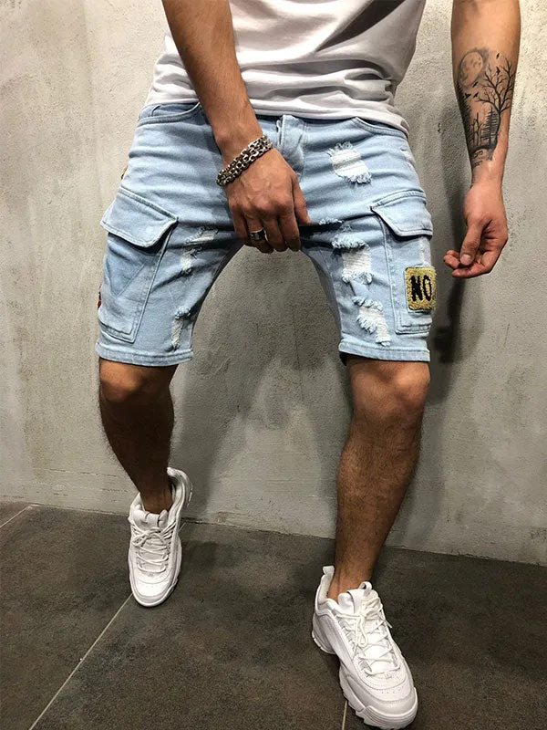 Men's Badge Patch Splash Ripped Denim Shorts