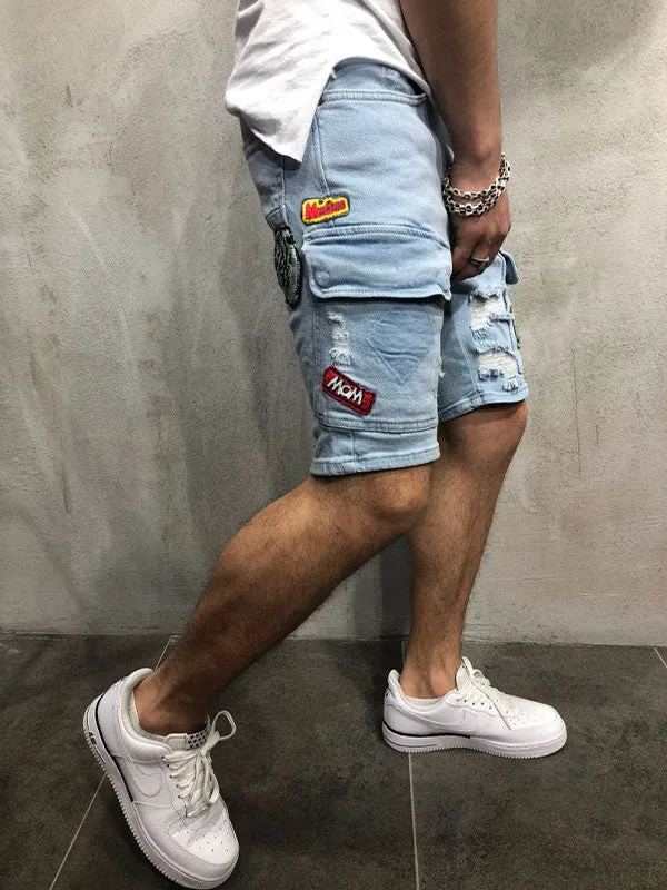 Men's Badge Patch Splash Ripped Denim Shorts