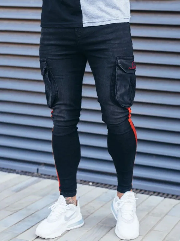Men's Pocket Patched Striped Slim Jeans