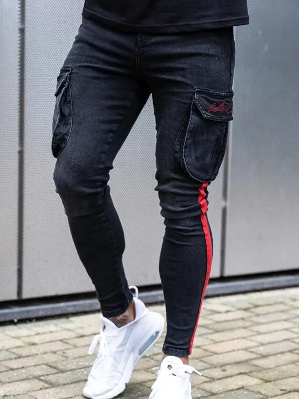 Men's Pocket Patched Striped Slim Jeans