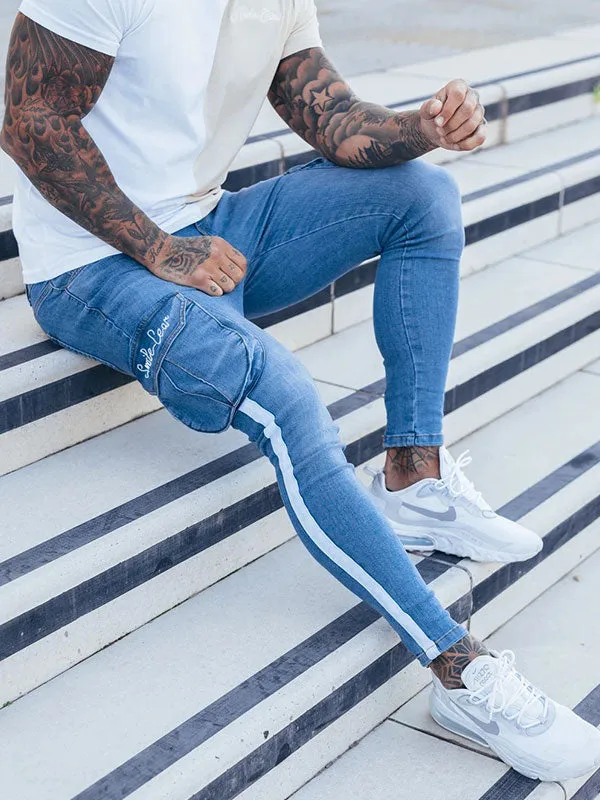 Men's Pocket Patched Striped Slim Jeans