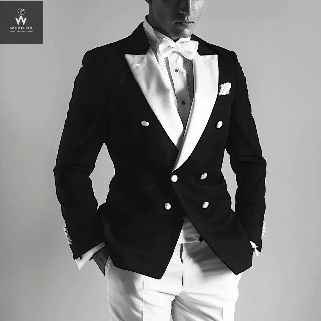Men's Stylish Black Tuxedo Suit – Black & White Bespoke Wedding Attire, Double-Breasted Custom Suits