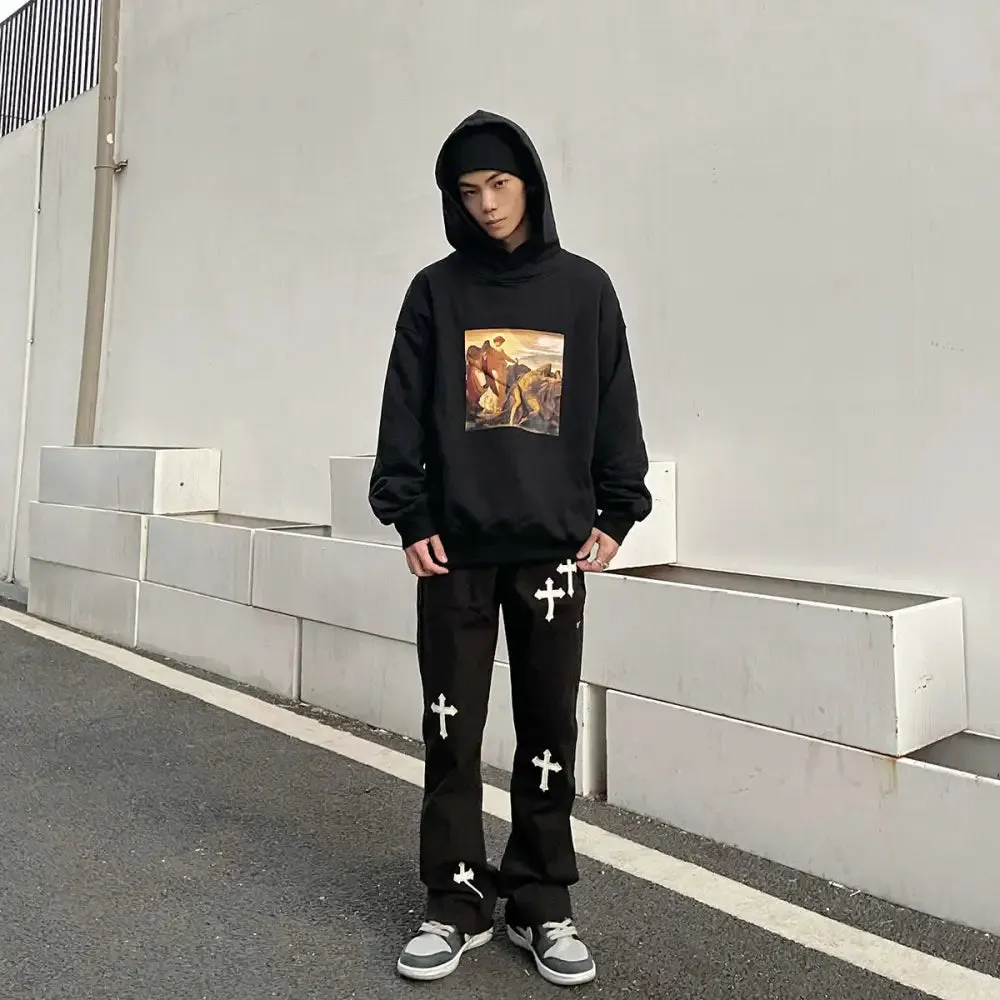 Men's Y2K jeans with a cross for a unique streetwear style