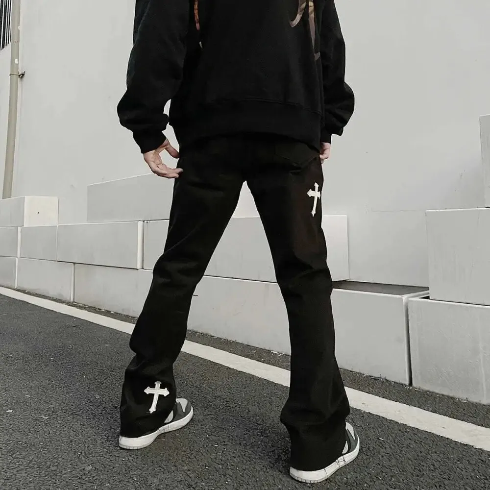 Men's Y2K jeans with a cross for a unique streetwear style