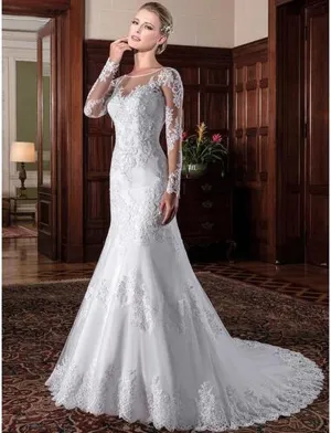 Mermaid Wedding Dresses Illusion Back Long Sleeve Beads O Neck