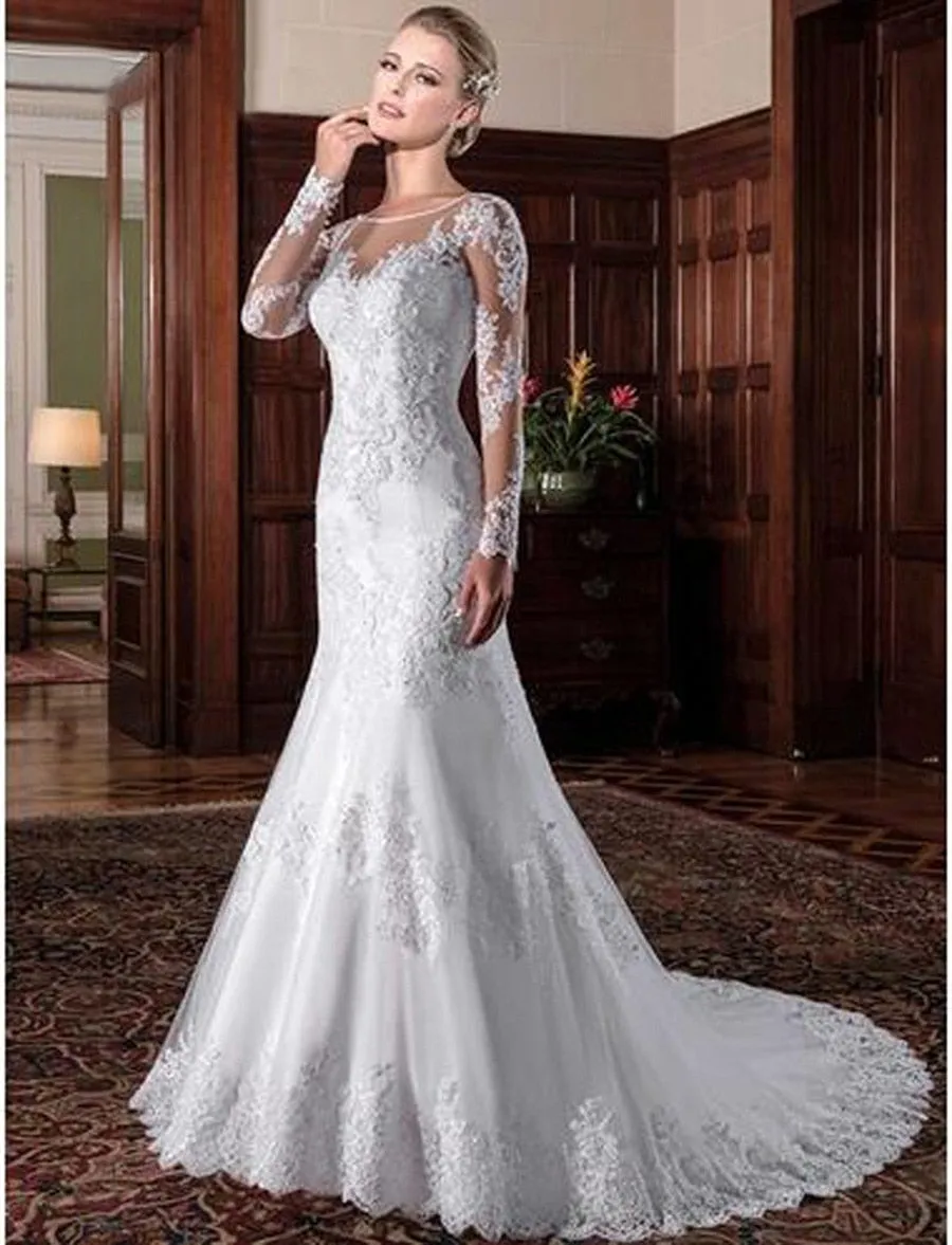 Mermaid Wedding Dresses Illusion Back Long Sleeve Beads O Neck