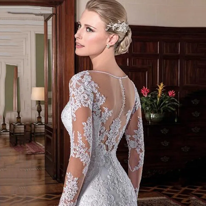 Mermaid Wedding Dresses Illusion Back Long Sleeve Beads O Neck