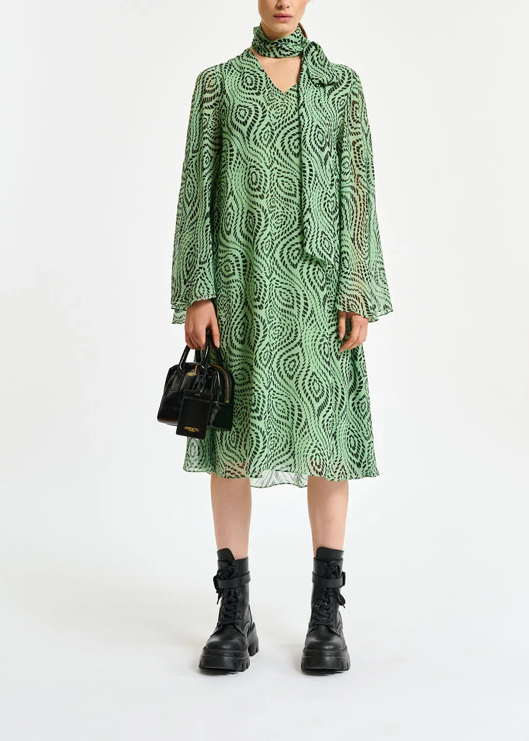 Mint green midi-length dress with geometric print