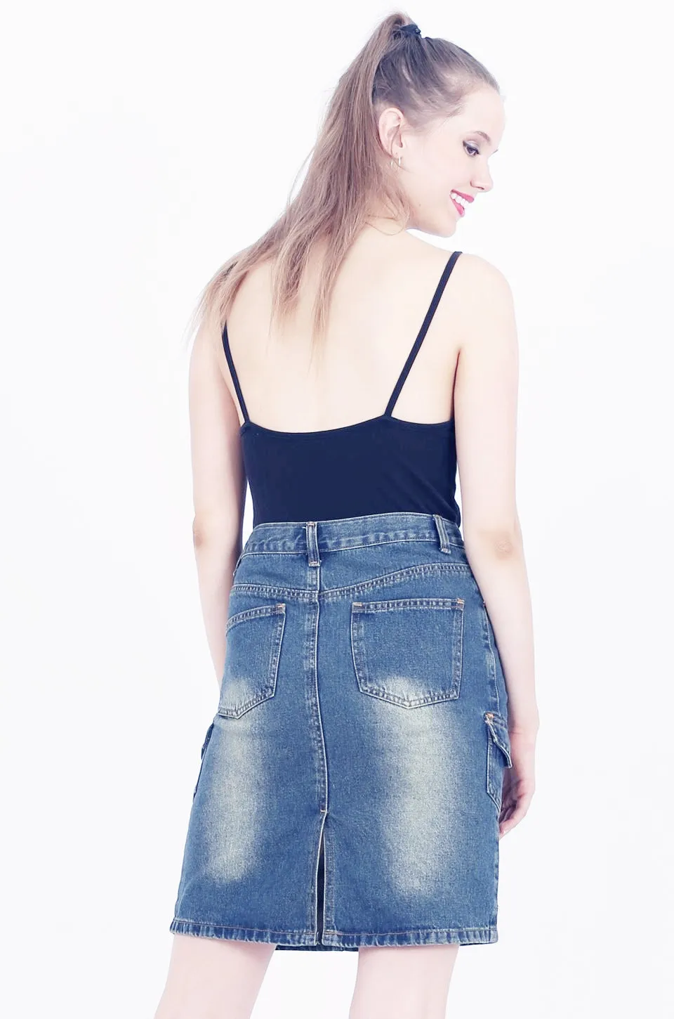 MISS PINKI Kendall Knee Length Denim skirt in Blue Wash