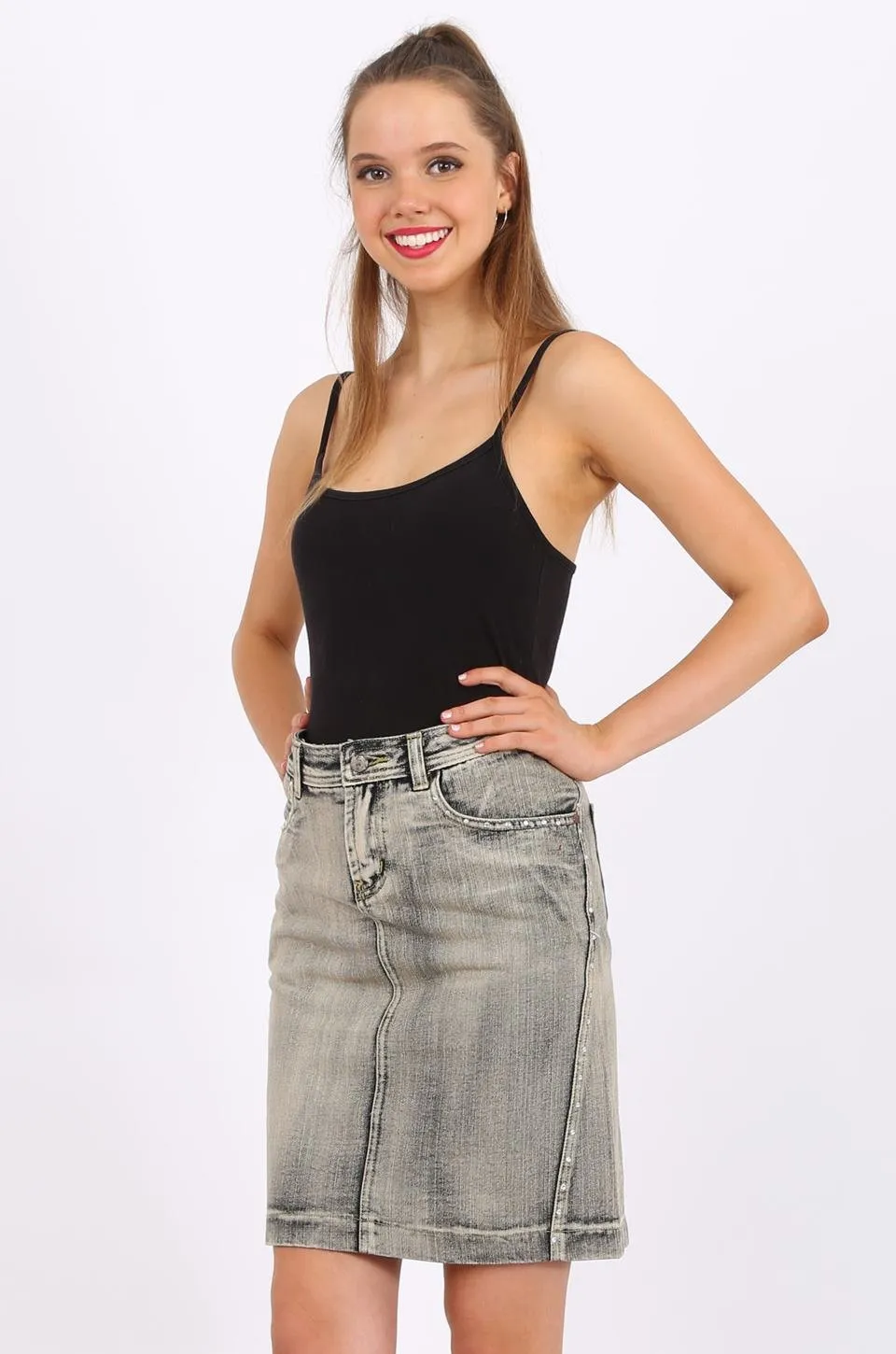 MISS PINKI Selena Knee Length Denim skirt in light grey wash