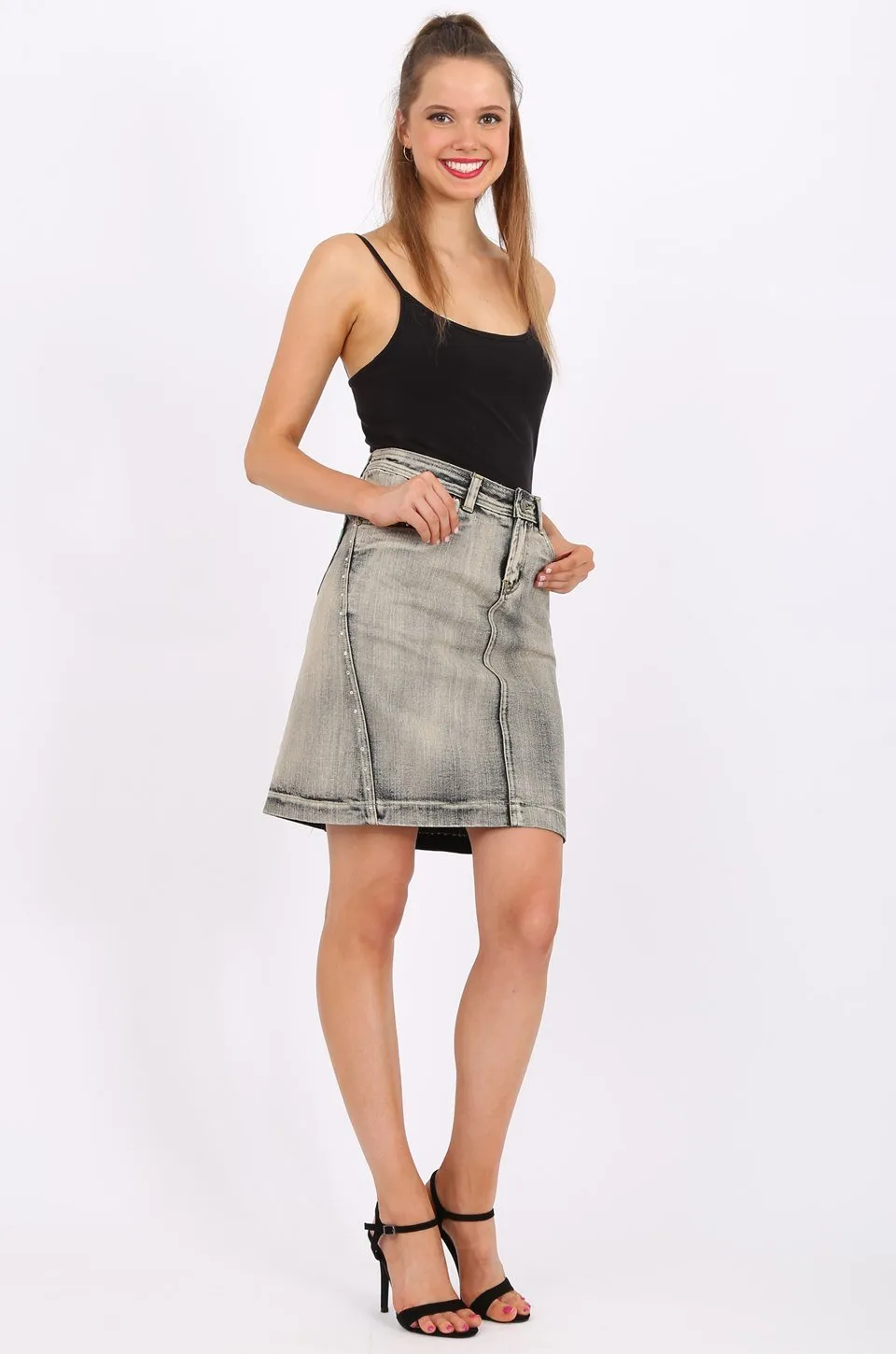 MISS PINKI Selena Knee Length Denim skirt in light grey wash